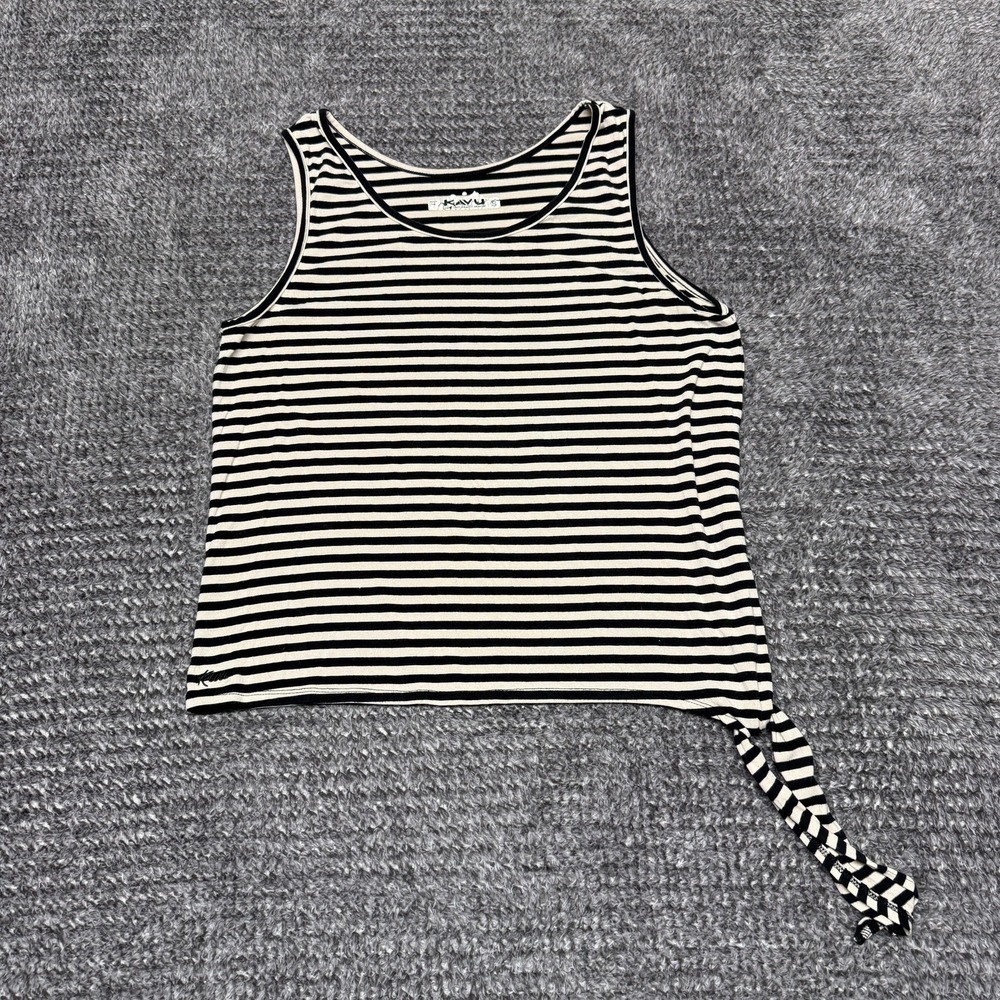 KAVU Womens S Tank Top Black White Striped Sleeveless‎ Knot Side Hem